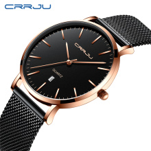 Unisex Gift Watches CRRJU 2270 Mens Blue Dial Mesh Watches Ultra Thin Casual Quartz Watch for Men Sport Date Clock New Arrival